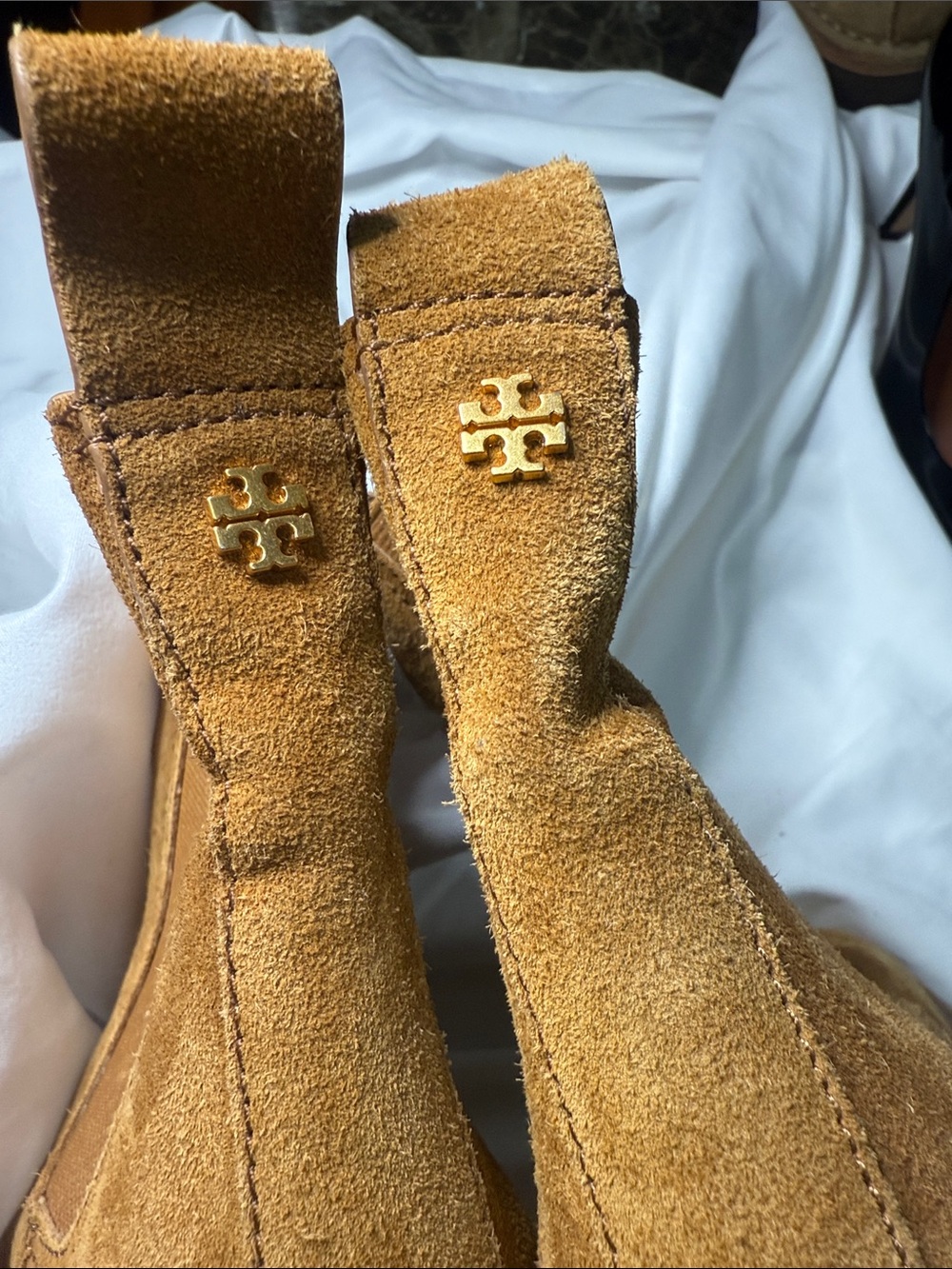 Tory Burch Suede Ankle Boots in Camel Brown with Gold Logo